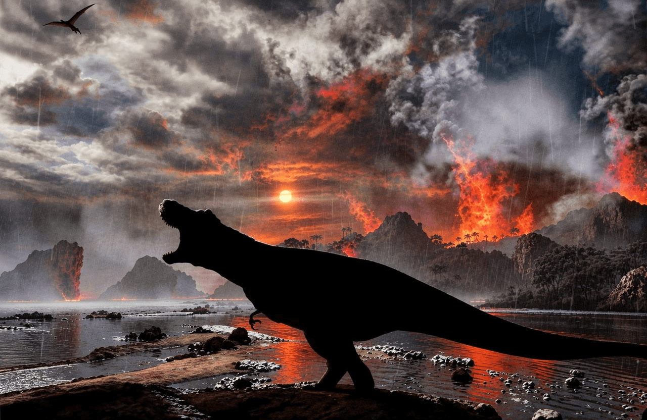 Paysage volcanique de PRIMAL ISLAND, tyrannosaure en silhouette face à l'éruption